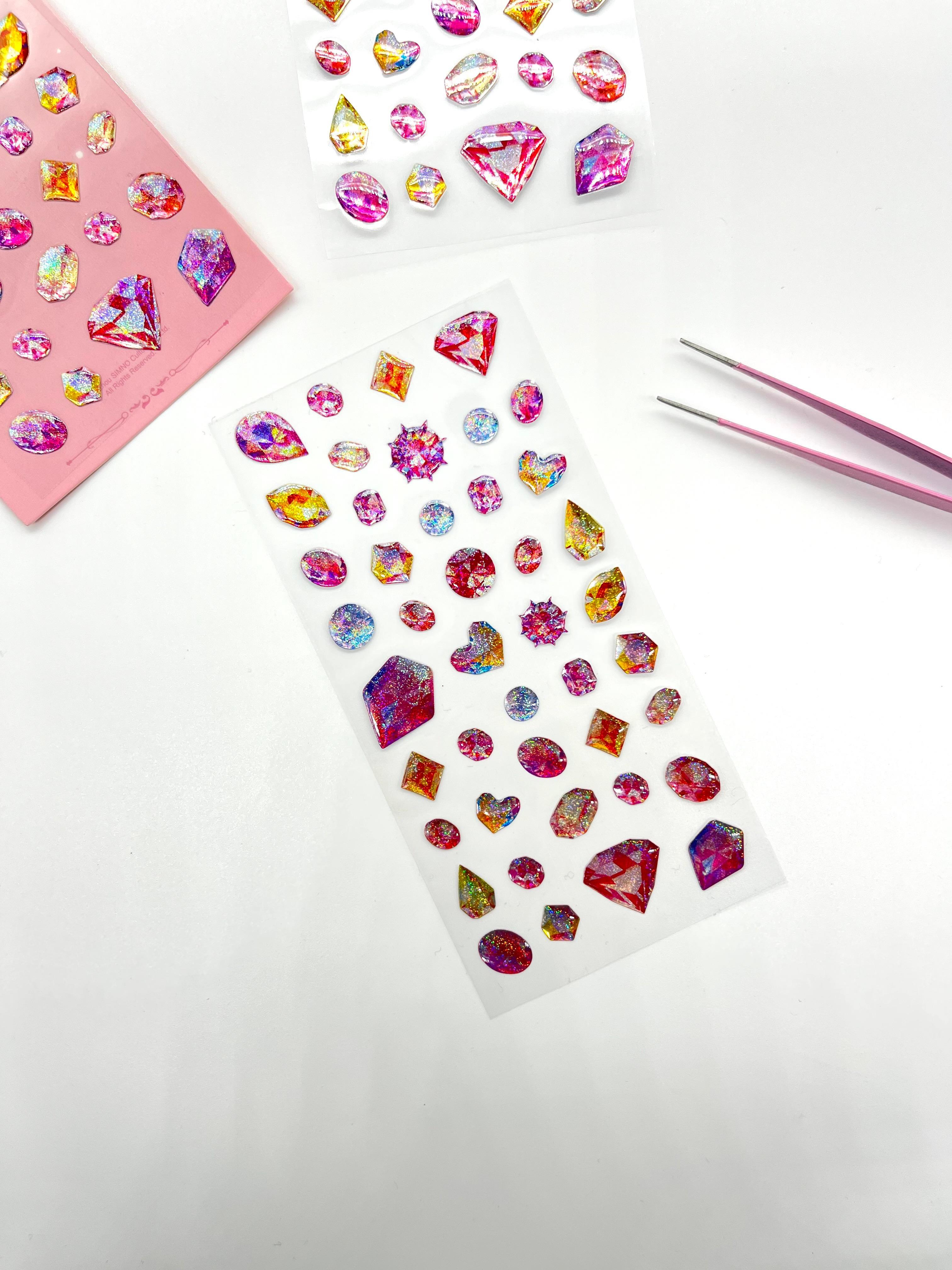 Holografik Pembe Renkli Mücevher Taşlar Tek Yaprak 42 Adet Sticker Seti/Etiket/Çıkartma