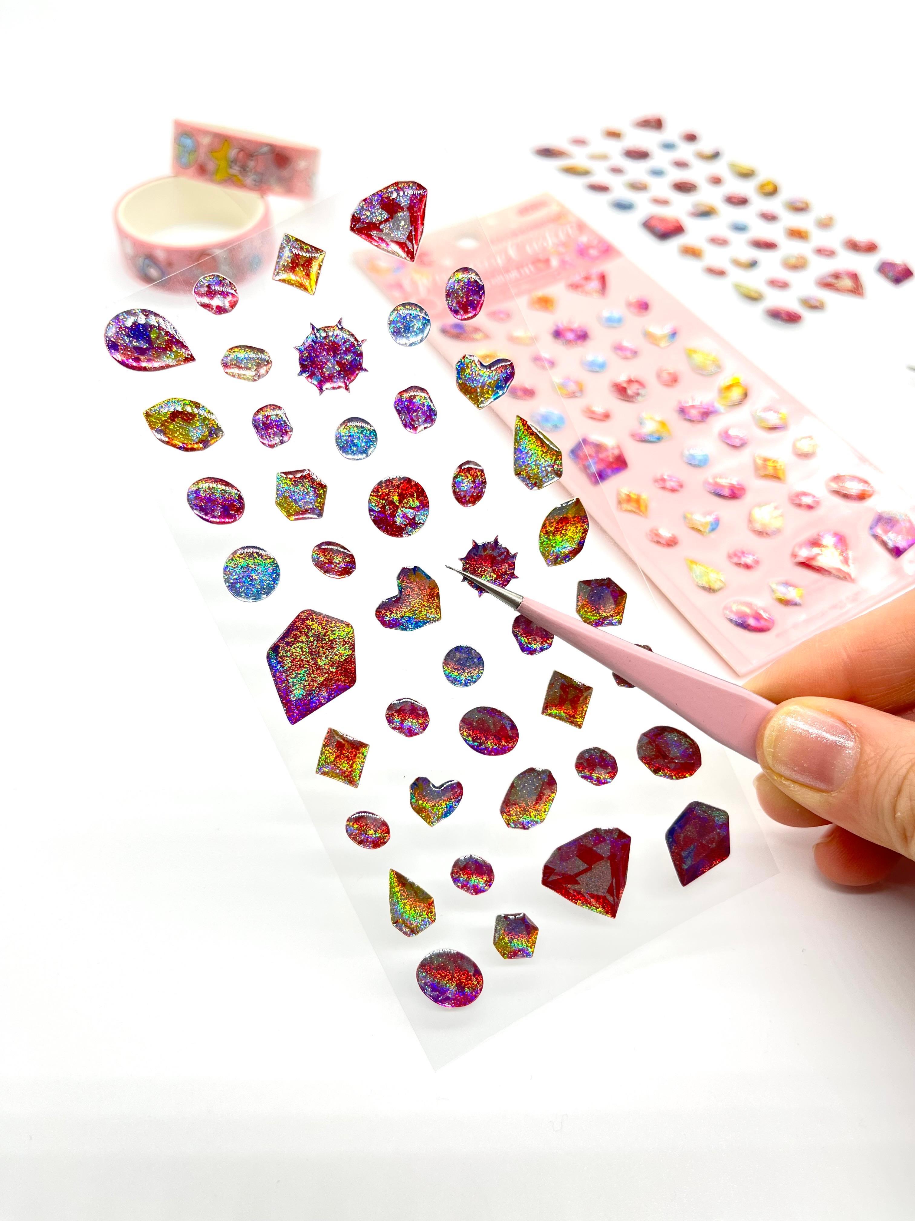 Holografik Pembe Renkli Mücevher Taşlar Tek Yaprak 42 Adet Sticker Seti/Etiket/Çıkartma