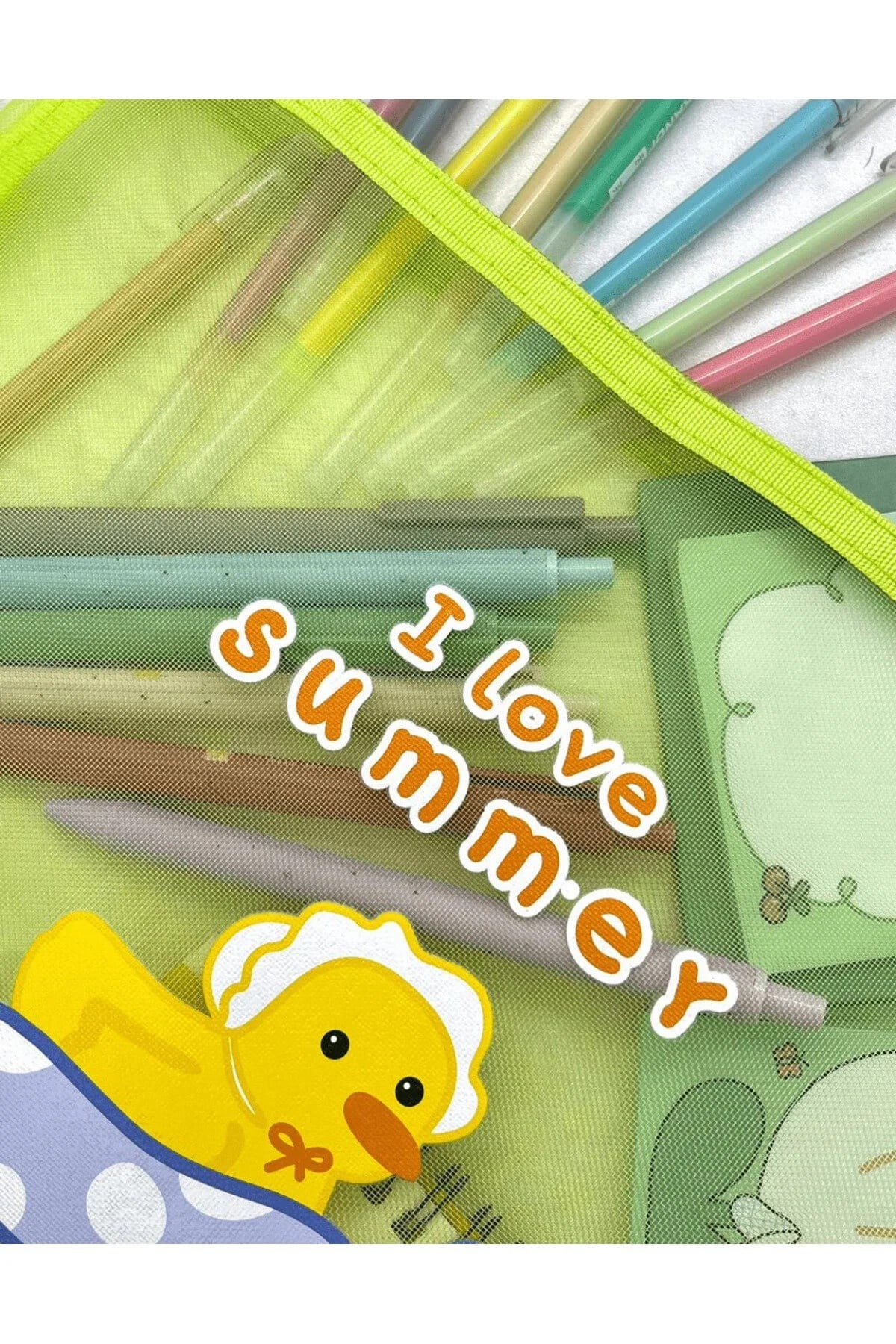 I Love Summer Yeşil A4 Şeffaf File Çanta / Kalem Kutu / Toparlayıcı