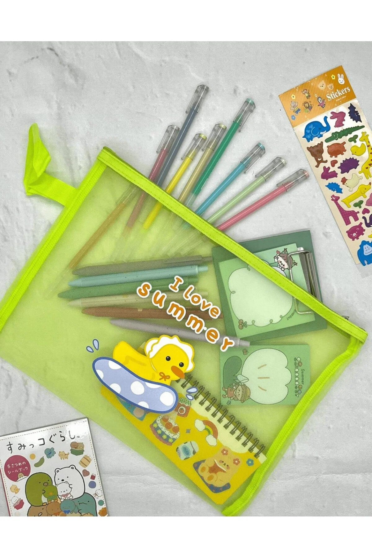 I Love Summer Yeşil A4 Şeffaf File Çanta / Kalem Kutu / Toparlayıcı