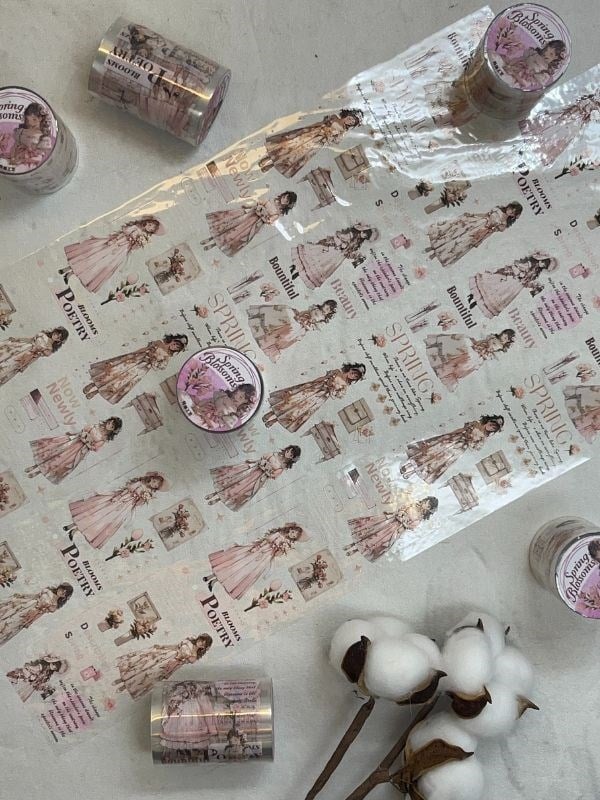 İlkbahar ve Genç Kız Temalı Pembe  Renk Washi Bant/ Washi Tape/ Sticker/ Bullet Journal