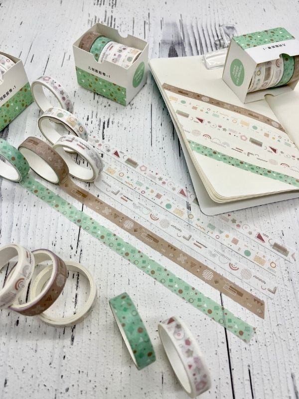 Kahverengi ve Yeşil Tonları Geometrik Desenli Retro 5’li Washi Bant Set/Washi Tape/Bullet Journal/Strapbook/Defter Süsleme 