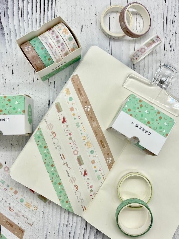 Kahverengi ve Yeşil Tonları Geometrik Desenli Retro 5’li Washi Bant Set/Washi Tape/Bullet Journal/Strapbook/Defter Süsleme 