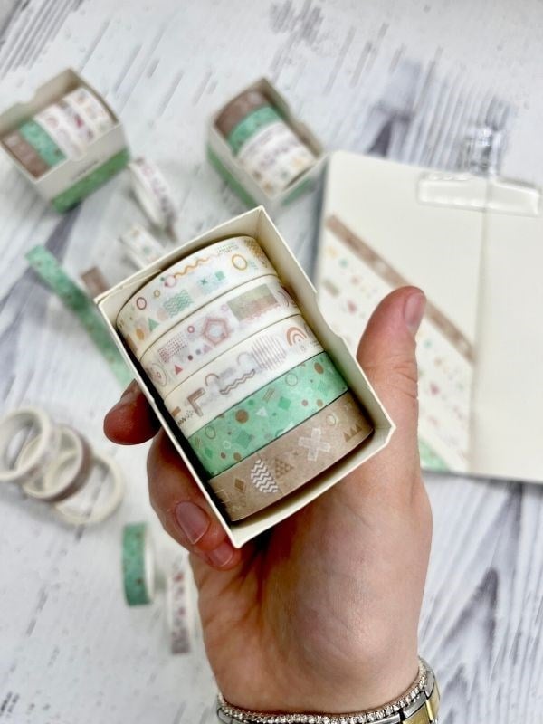 Kahverengi ve Yeşil Tonları Geometrik Desenli Retro 5’li Washi Bant Set/Washi Tape/Bullet Journal/Strapbook/Defter Süsleme 