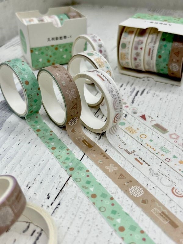 Kahverengi ve Yeşil Tonları Geometrik Desenli Retro 5’li Washi Bant Set/Washi Tape/Bullet Journal/Strapbook/Defter Süsleme 