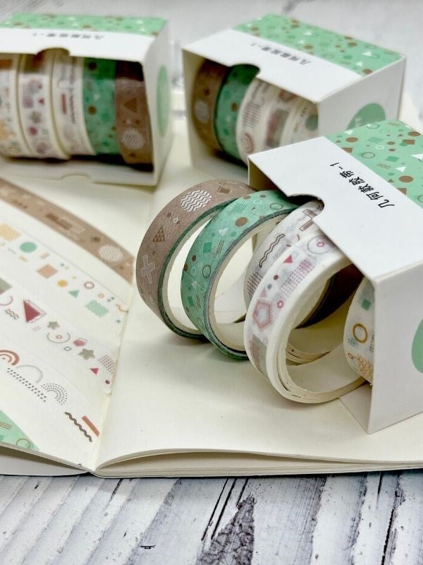 Kahverengi ve Yeşil Tonları Geometrik Desenli Retro 5’li Washi Bant Set/Washi Tape/Bullet Journal/Strapbook/Defter Süsleme 