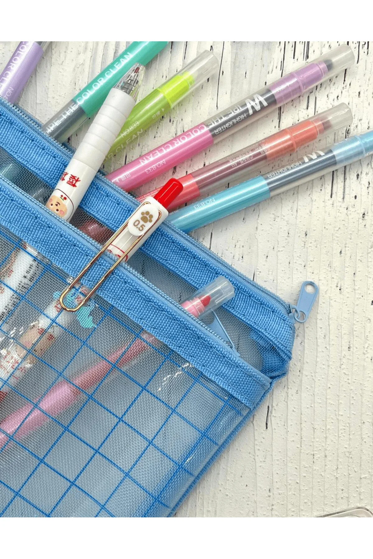 Kareli Mavi A5 Çift Bölmeli Unicorn Pullu Şeffaf Çanta / Kalem Kutu / Toparlayıcı