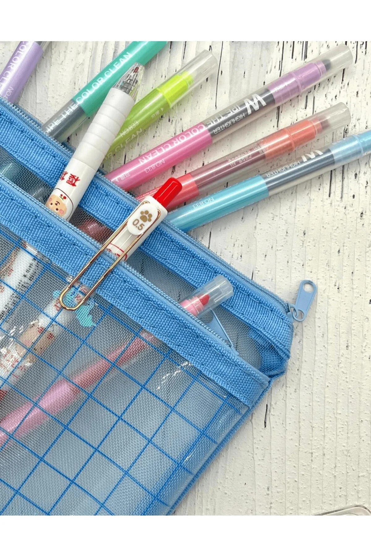 Kareli Mavi A5 Çift Bölmeli Unicorn Pullu Şeffaf Çanta / Kalem Kutu / Toparlayıcı