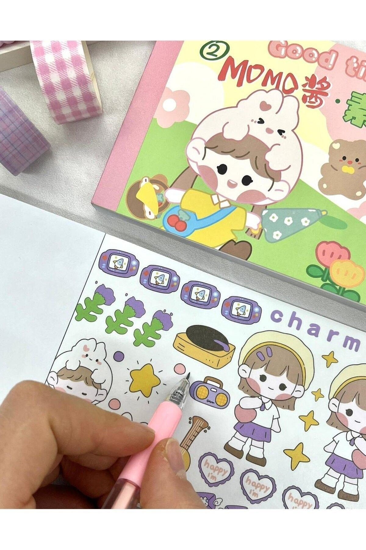 Kawaii 50 Yaprak Pembe Momo Defter Sticker/ Çıkartma/ Defter Süsleme/ Bullet Journal/ Yapışkanlı Eti