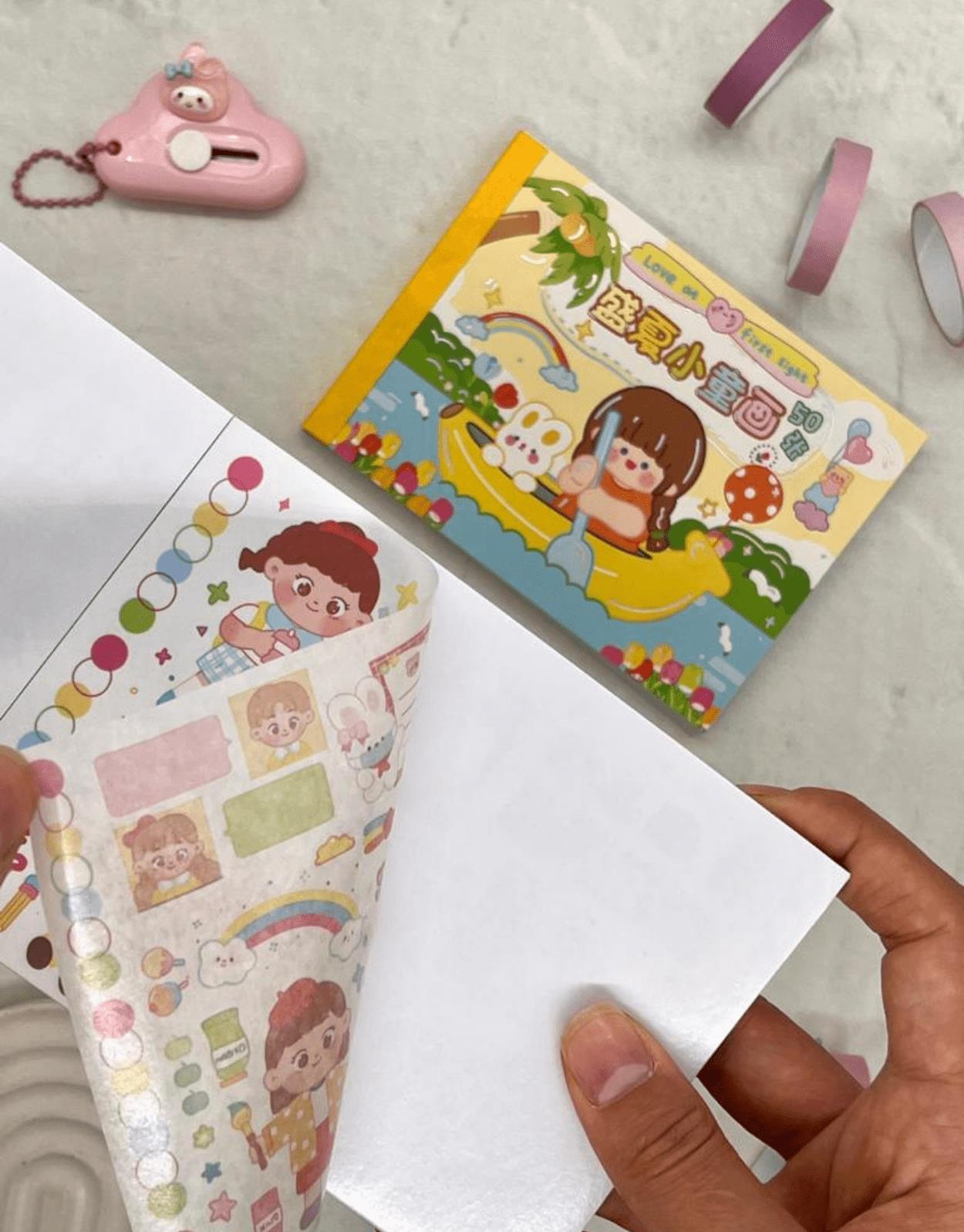 Kawaii 50 Yaprak Sevimli Kız ve Arkadaşları Sarı Defter Sticker / Çıkartma / Bullet Journal/ Scrapbook