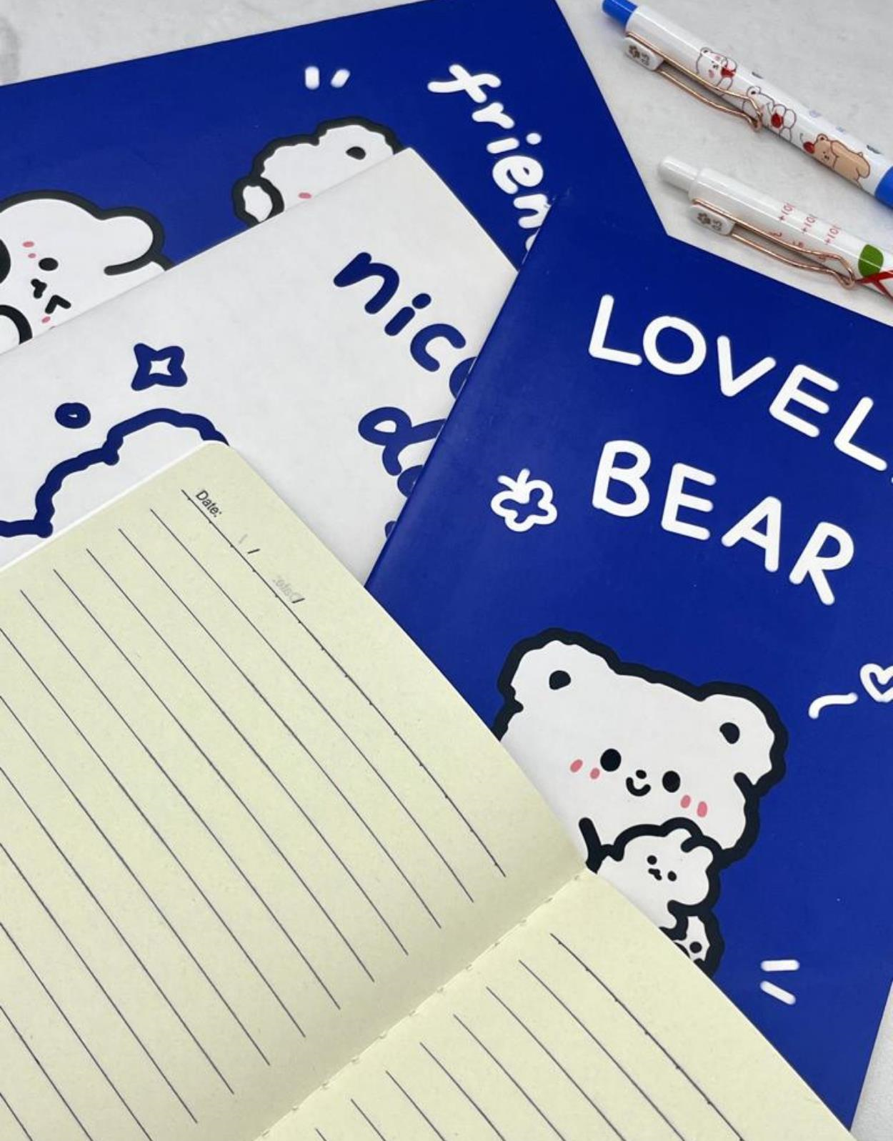 Kawaii Ayıcık Mavi ve Beyaz 4'lü Defter Set / Scrapbook /Defter Süsleme Notebook/Bullet Journal