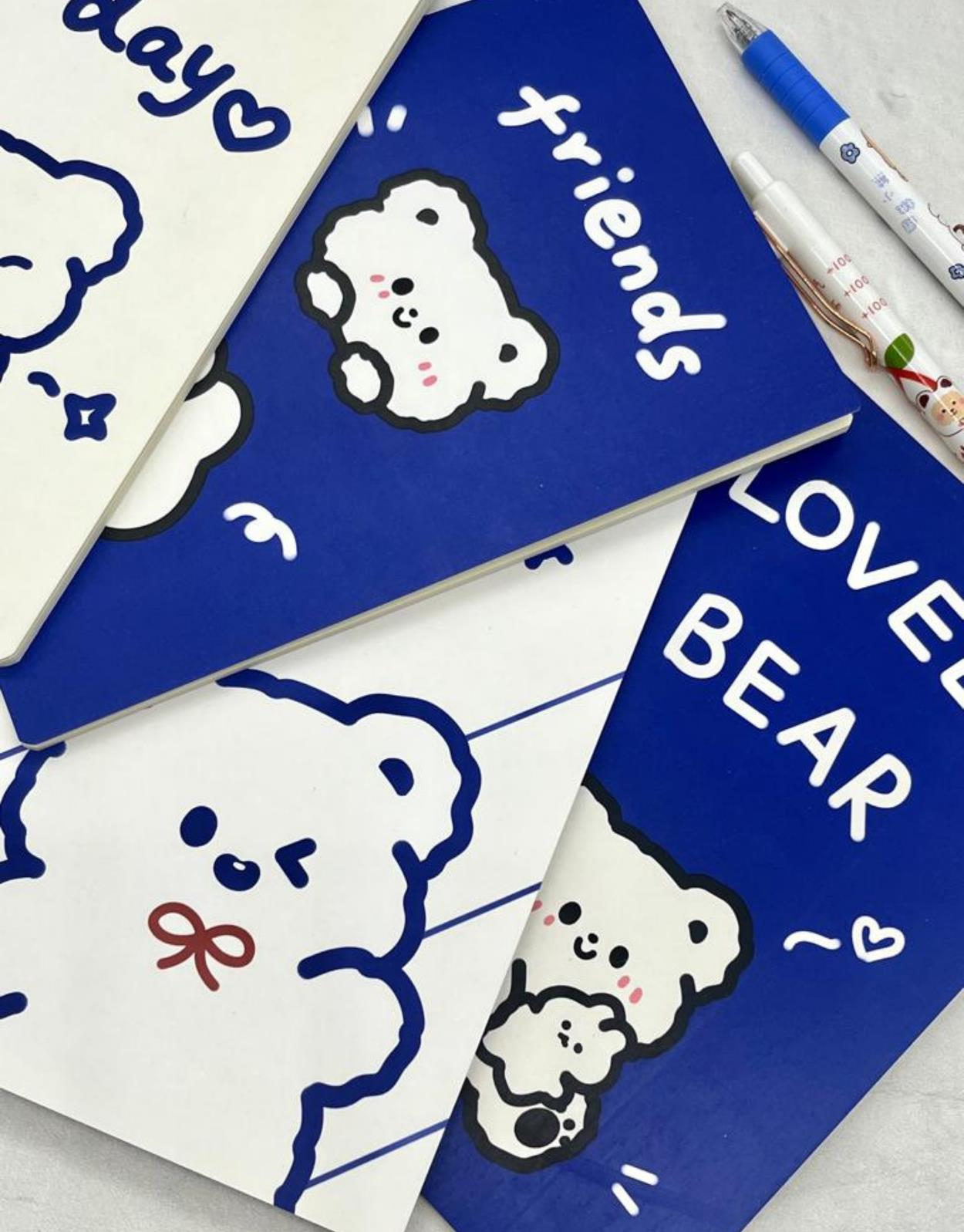 Kawaii Ayıcık Mavi ve Beyaz 4'lü Defter Set / Scrapbook /Defter Süsleme Notebook/Bullet Journal