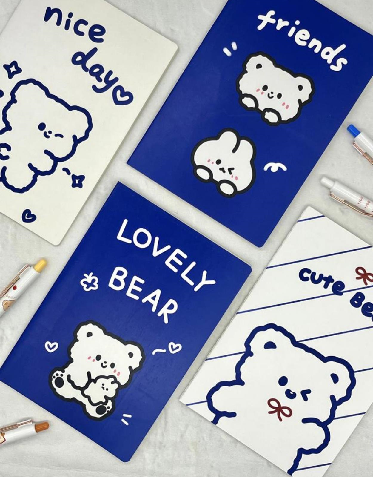 Kawaii Ayıcık Mavi ve Beyaz 4'lü Defter Set / Scrapbook /Defter Süsleme Notebook/Bullet Journal