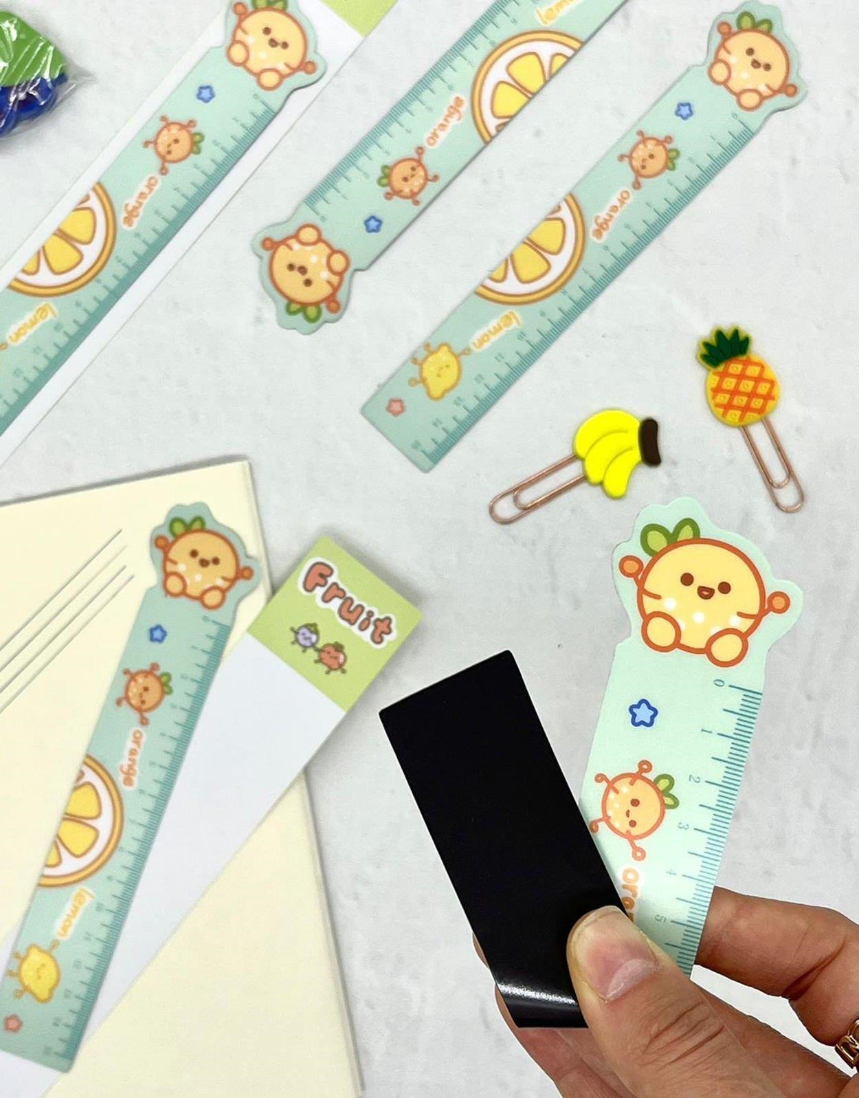 Kawaii Fruit Portakal Desenli Mıknatıslı Kitap Ayracı ve Cetvel / Yer İmi