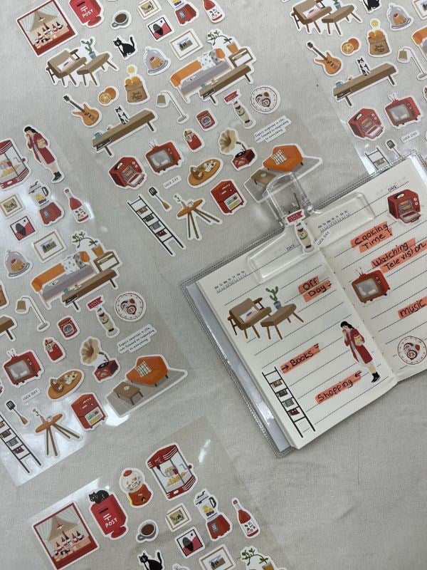 Kawaii Günlük Rutinler 35 Adet Tek Yaprak Kırmızı Paket Sticker / Bullet Journal / Ajanda 