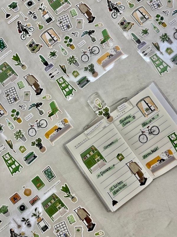 Kawaii Günlük Rutinler 41 Adet Tek Yaprak Yeşil Paket Sticker / Bullet Journal / Ajanda 