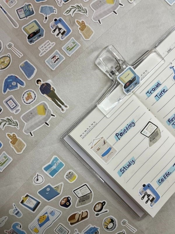 Kawaii Günlük Rutinler 51 Adet Tek Yaprak Mavi Paket Sticker / Bullet Journal / Ajanda 