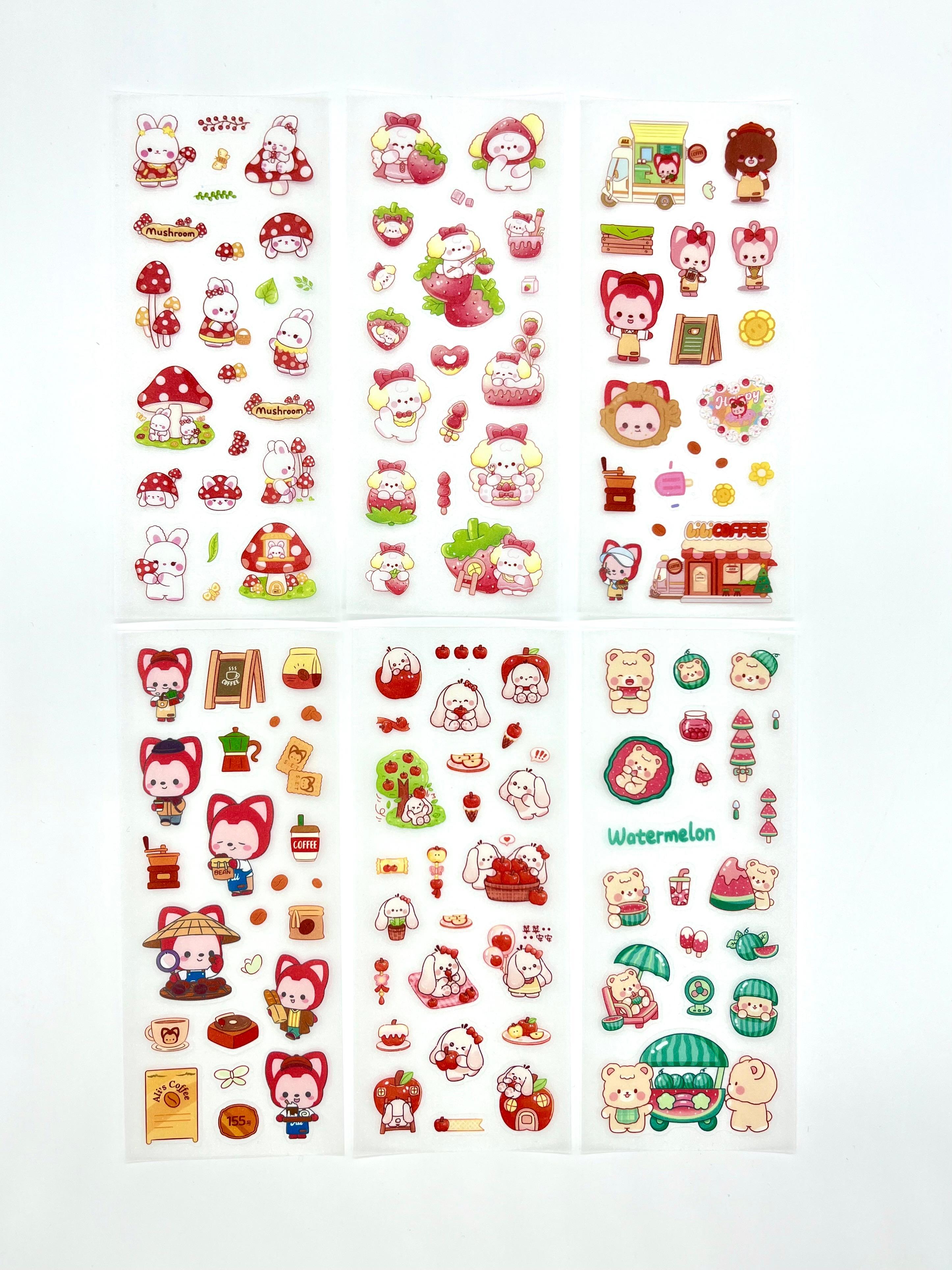 Kawaii Kırmızı Meyveler ve Sevimli Hayvanlar Temalı 6 Yaprak 130 Adet Sticker Seti /Etiket/Çıkartma