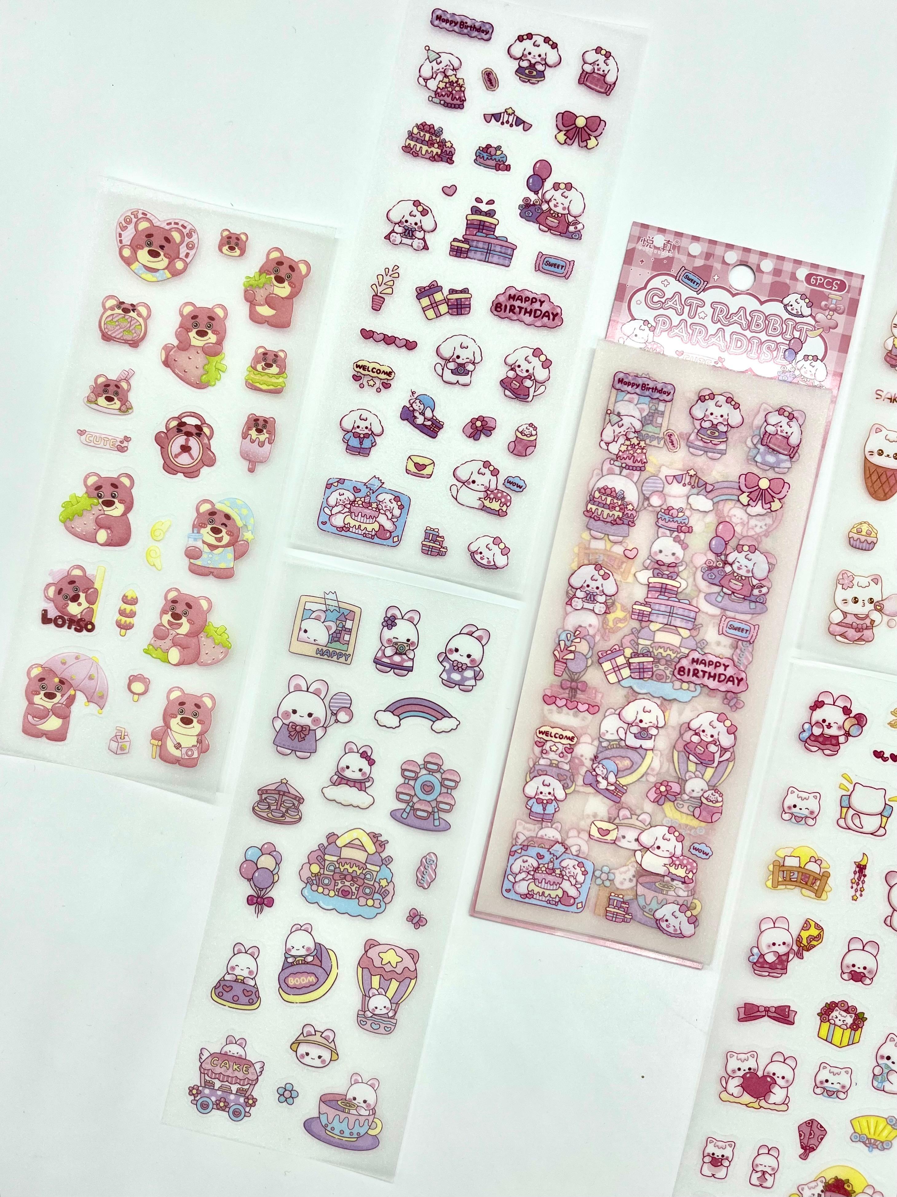Kawaii Pembe Kedi ve Tavşan Doğum Günü Temalı 6 Yaprak 115 Adet Sticker Seti/Etiket/Çıkartma