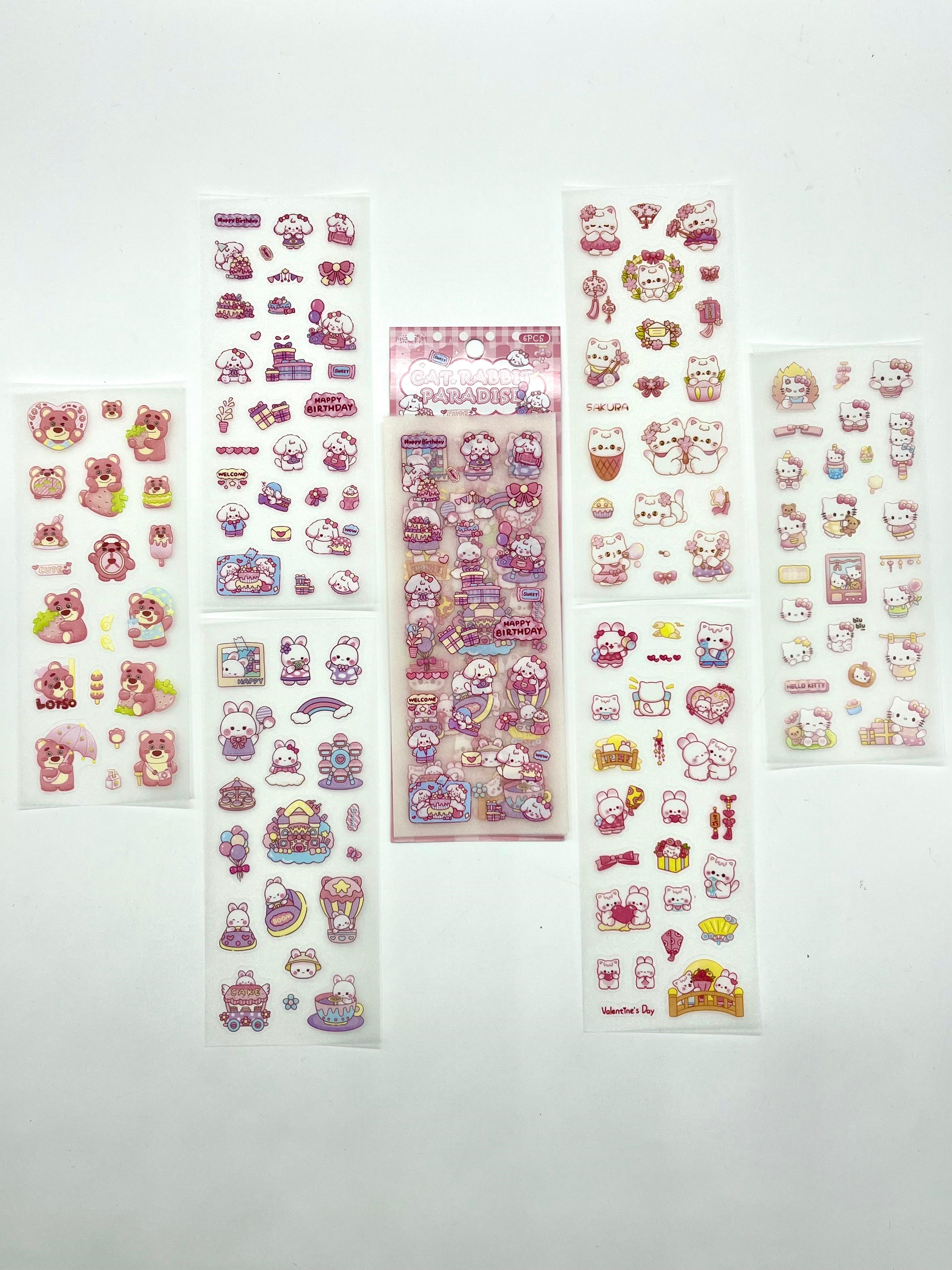 Kawaii Pembe Kedi ve Tavşan Doğum Günü Temalı 6 Yaprak 115 Adet Sticker Seti/Etiket/Çıkartma