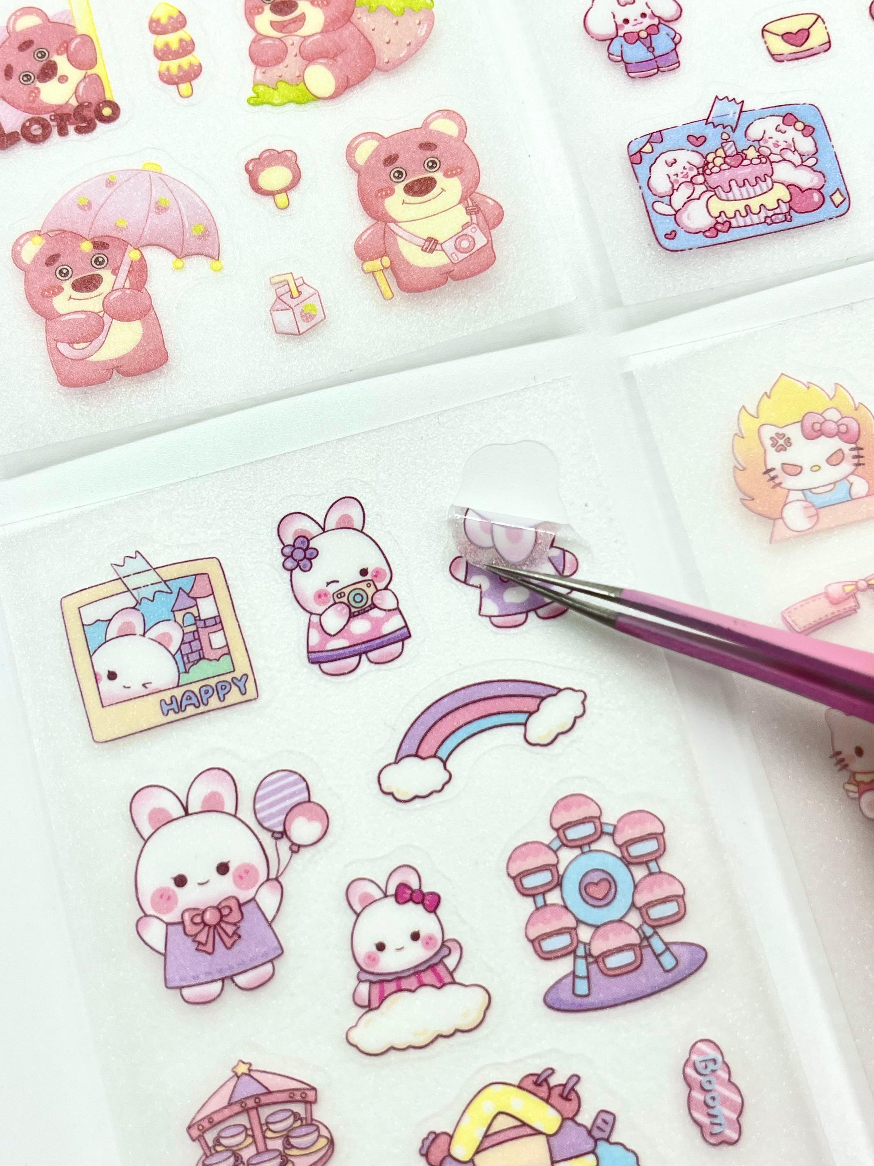Kawaii Pembe Kedi ve Tavşan Doğum Günü Temalı 6 Yaprak 115 Adet Sticker Seti/Etiket/Çıkartma