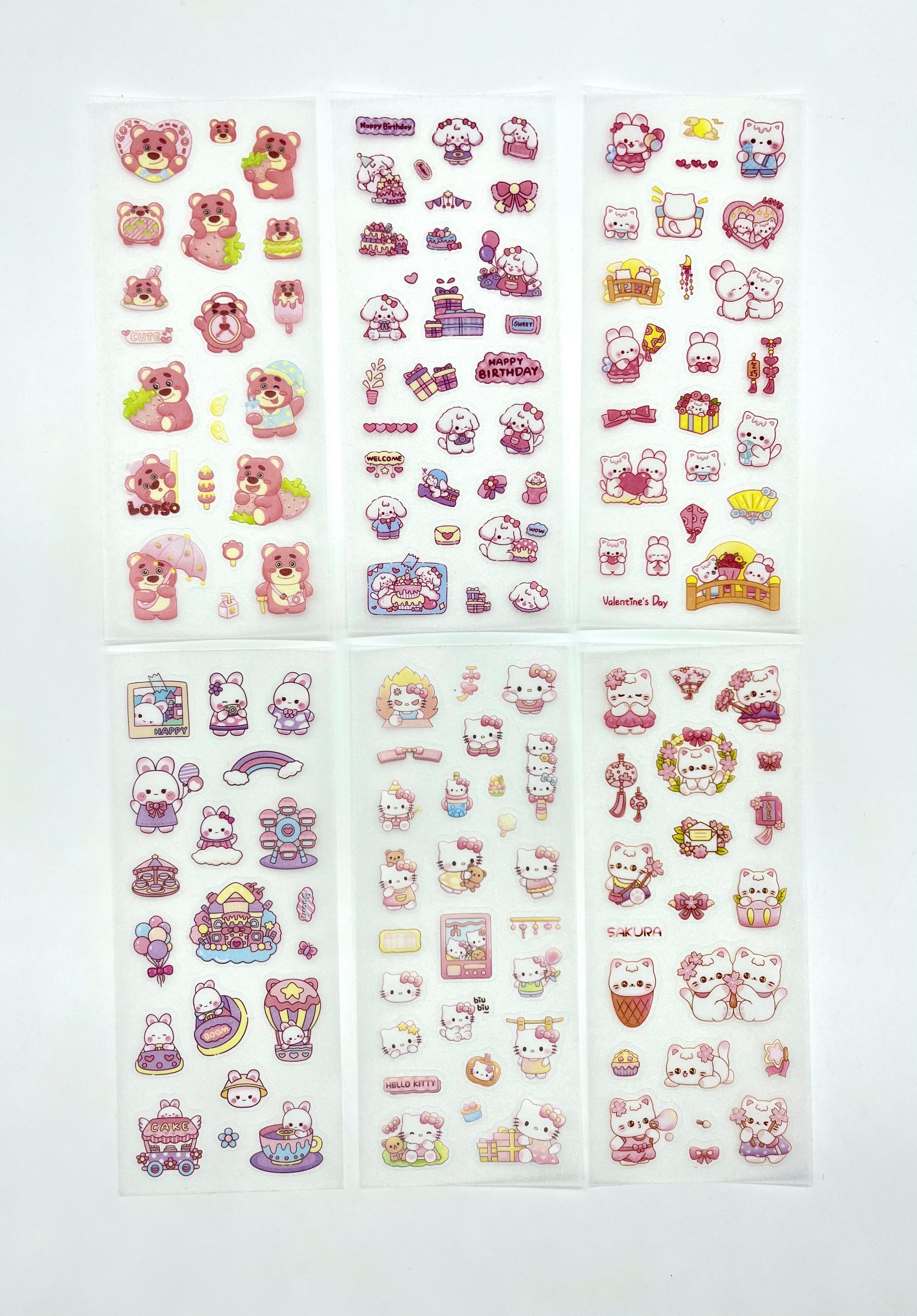 Kawaii Pembe Kedi ve Tavşan Doğum Günü Temalı 6 Yaprak 115 Adet Sticker Seti/Etiket/Çıkartma