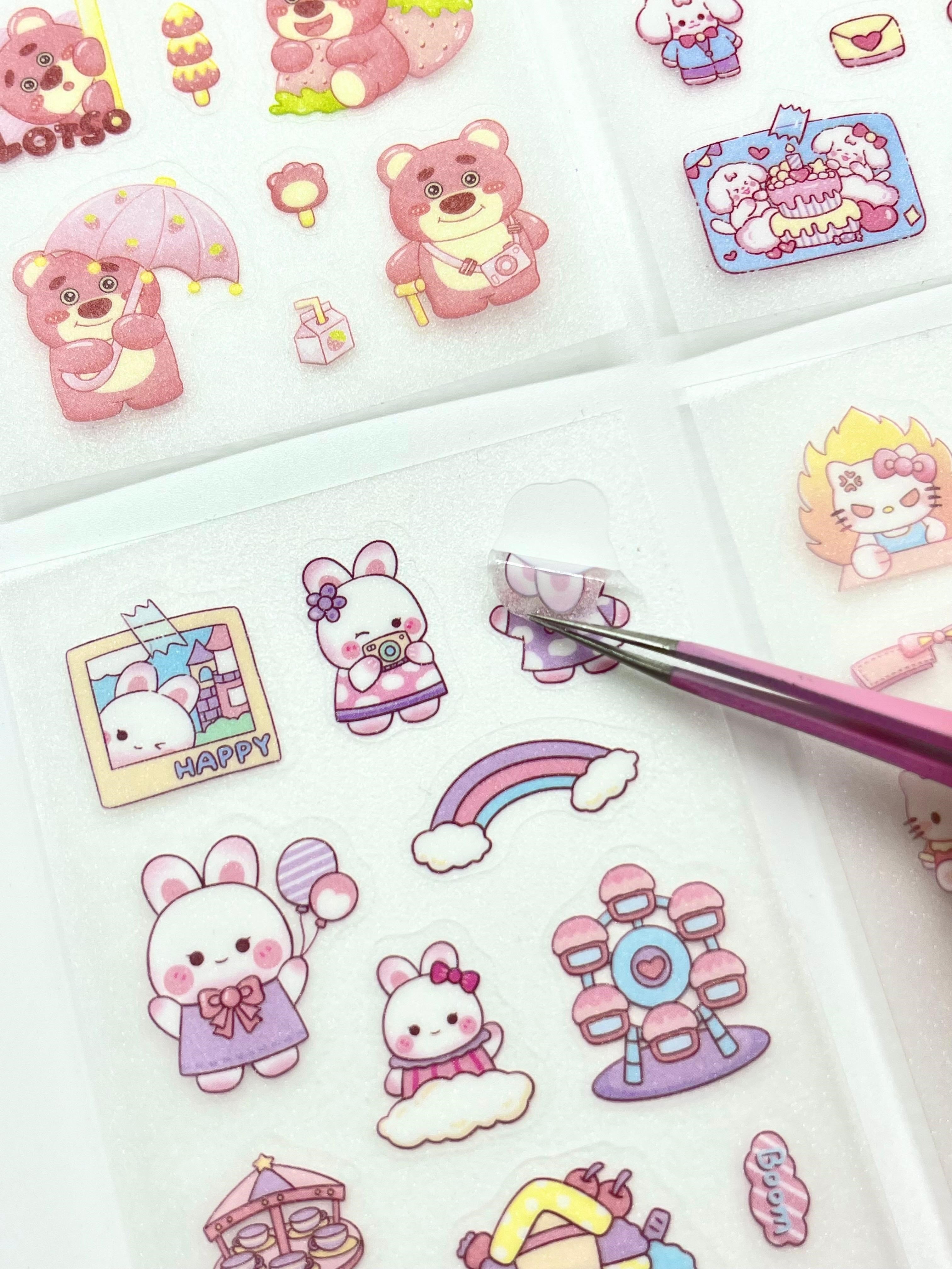 Kawaii Pembe Kedi ve Tavşan Doğum Günü Temalı 6 Yaprak 115 Adet Sticker Seti/Etiket/Çıkartma