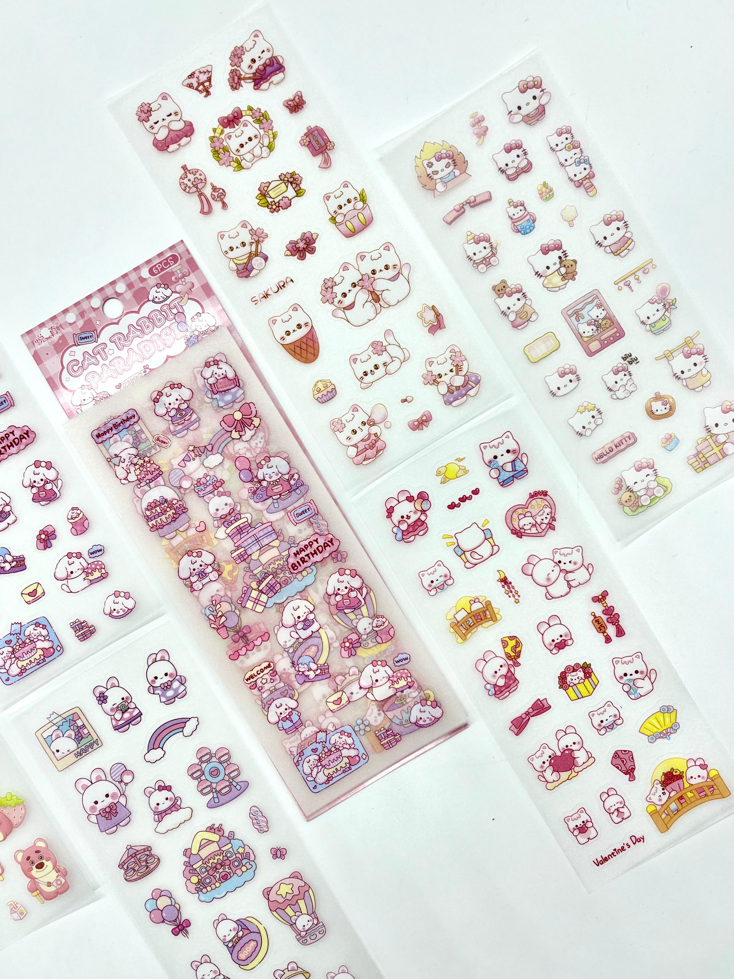 Kawaii Pembe Kedi ve Tavşan Doğum Günü Temalı 6 Yaprak 115 Adet Sticker Seti/Etiket/Çıkartma