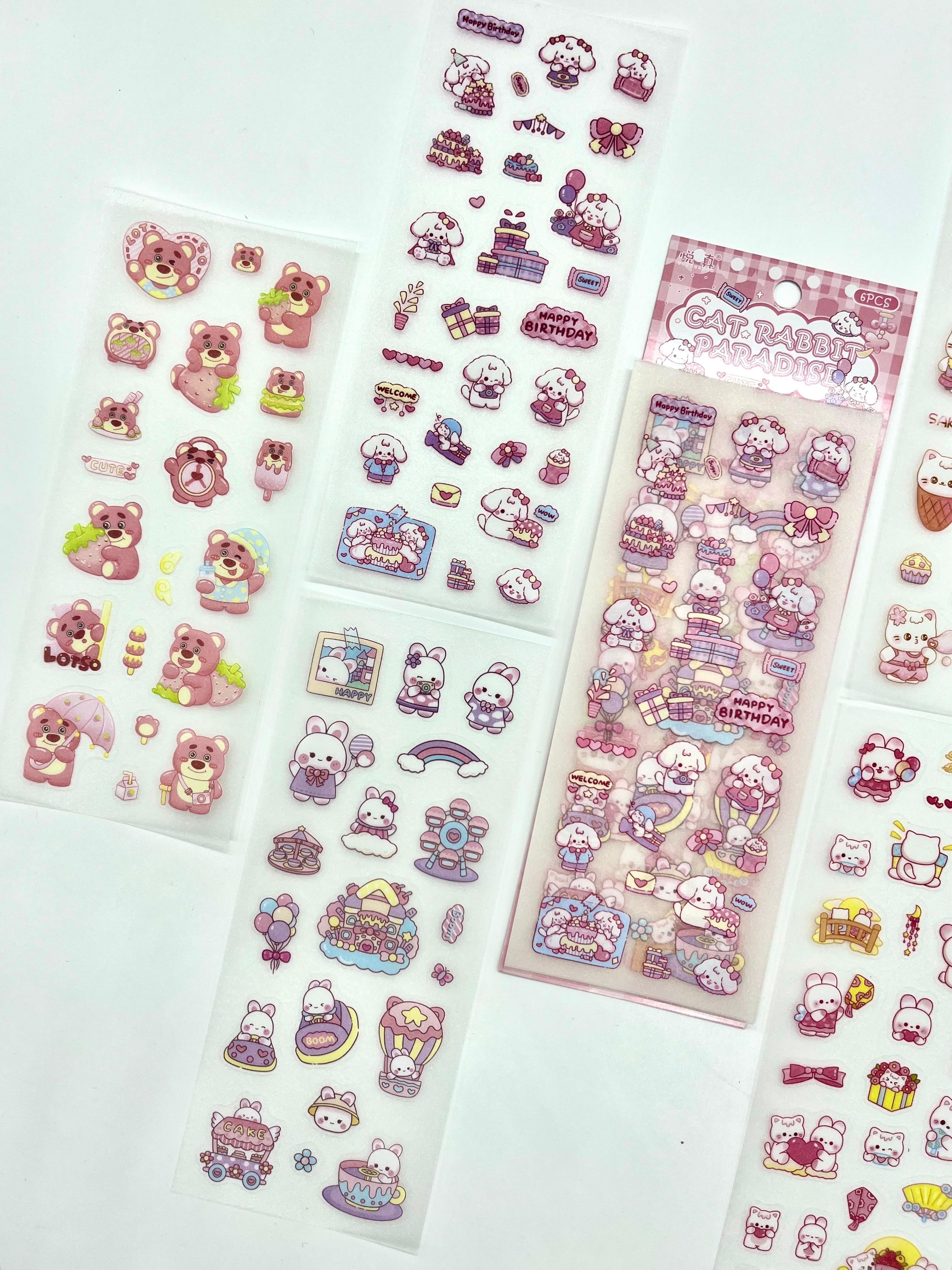 Kawaii Pembe Kedi ve Tavşan Doğum Günü Temalı 6 Yaprak 115 Adet Sticker Seti/Etiket/Çıkartma