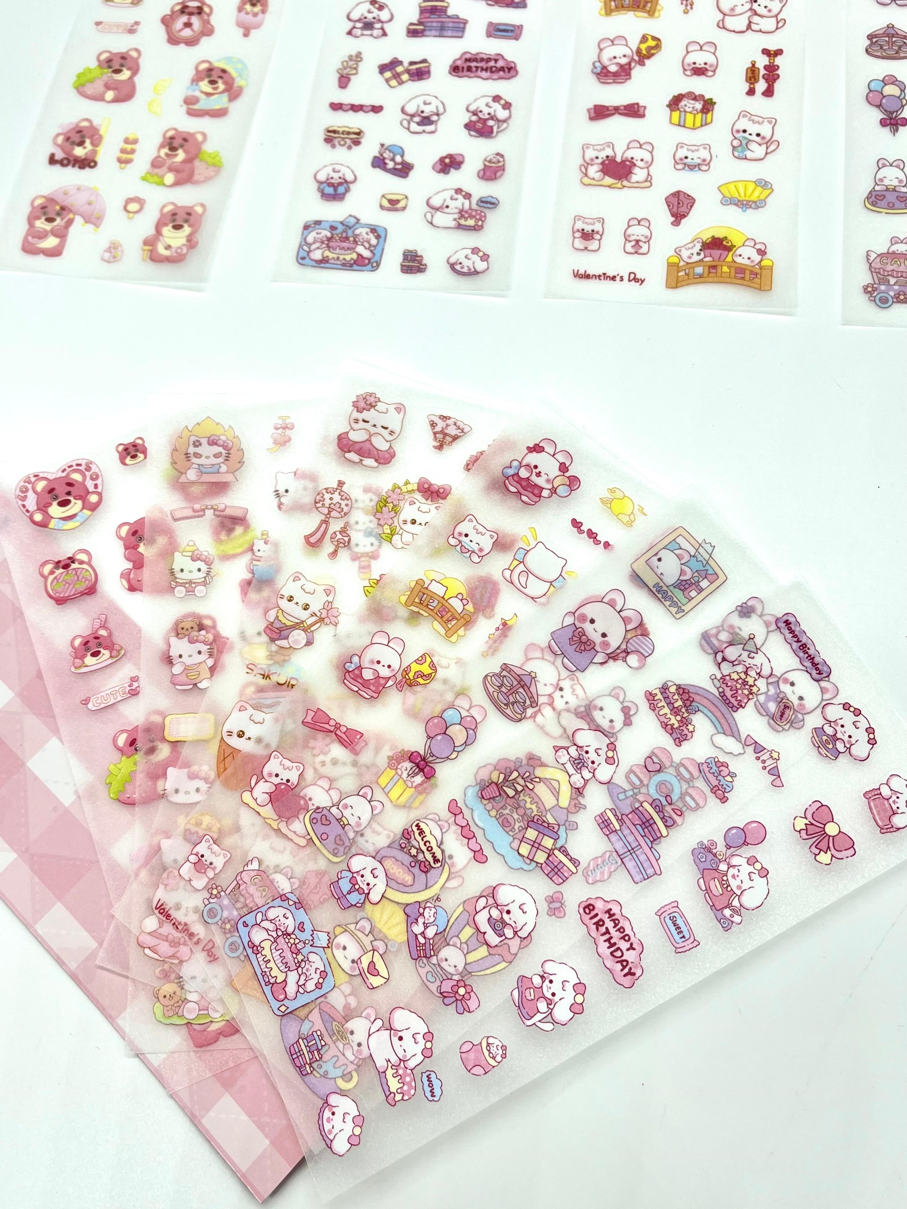 Kawaii Pembe Kedi ve Tavşan Doğum Günü Temalı 6 Yaprak 115 Adet Sticker Seti/Etiket/Çıkartma