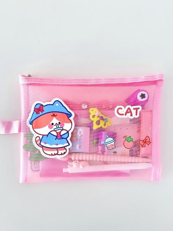 Kawaii Pink Dream 10 Parça Dopdolu Tatlı Pembe Çocuk Kırtasiye Seti/File Çanta/Sticker/Defter/Kalem