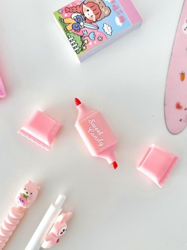 Kawaii Pink Dream 10 Parça Dopdolu Tatlı Pembe Çocuk Kırtasiye Seti/File Çanta/Sticker/Defter/Kalem