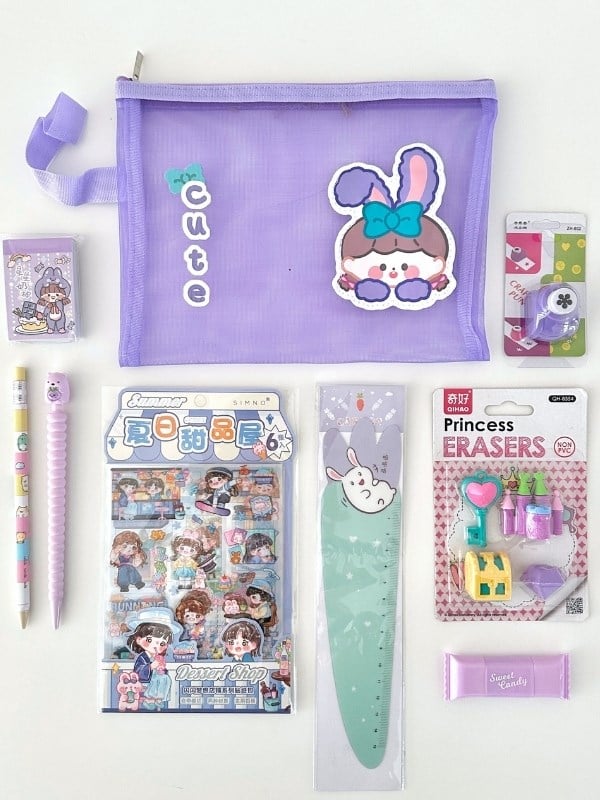 Kawaii Purple Dream 9 Parça Mor Masal Dünyası Çocuk Kırtasiye Seti/File Çanta/Sticker/Kalem/Silgi