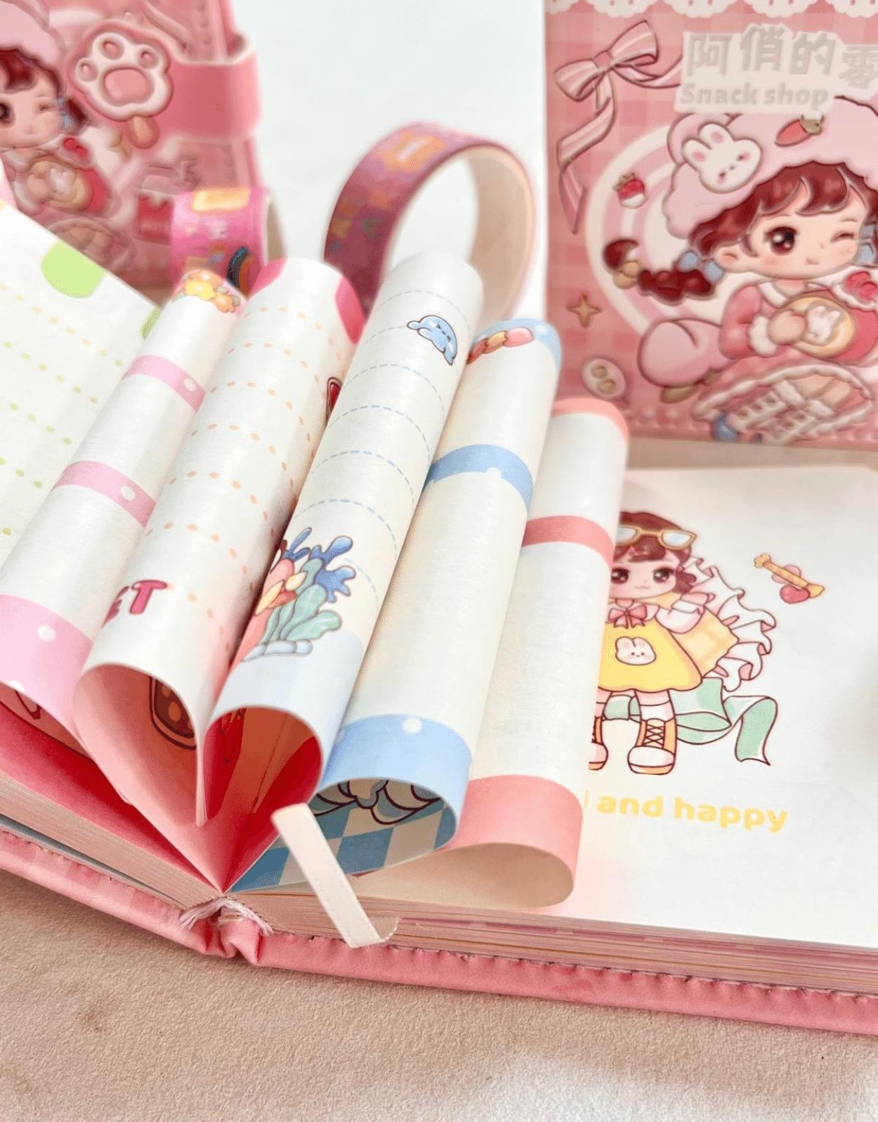 Kawaii Sevimli Kız Atıştırmalık Dükkanı Pembe Renkli Desenli 256 Sayfa Mini Defter/Mıknatıslı Ajanda