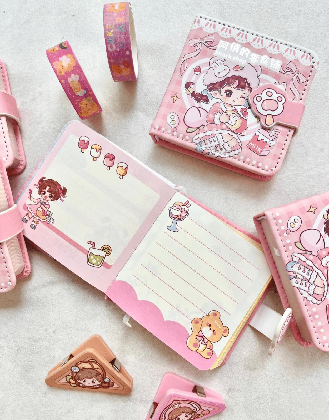 Kawaii Sevimli Kız Atıştırmalık Dükkanı Pembe Renkli Desenli 256 Sayfa Mini Defter/Mıknatıslı Ajanda