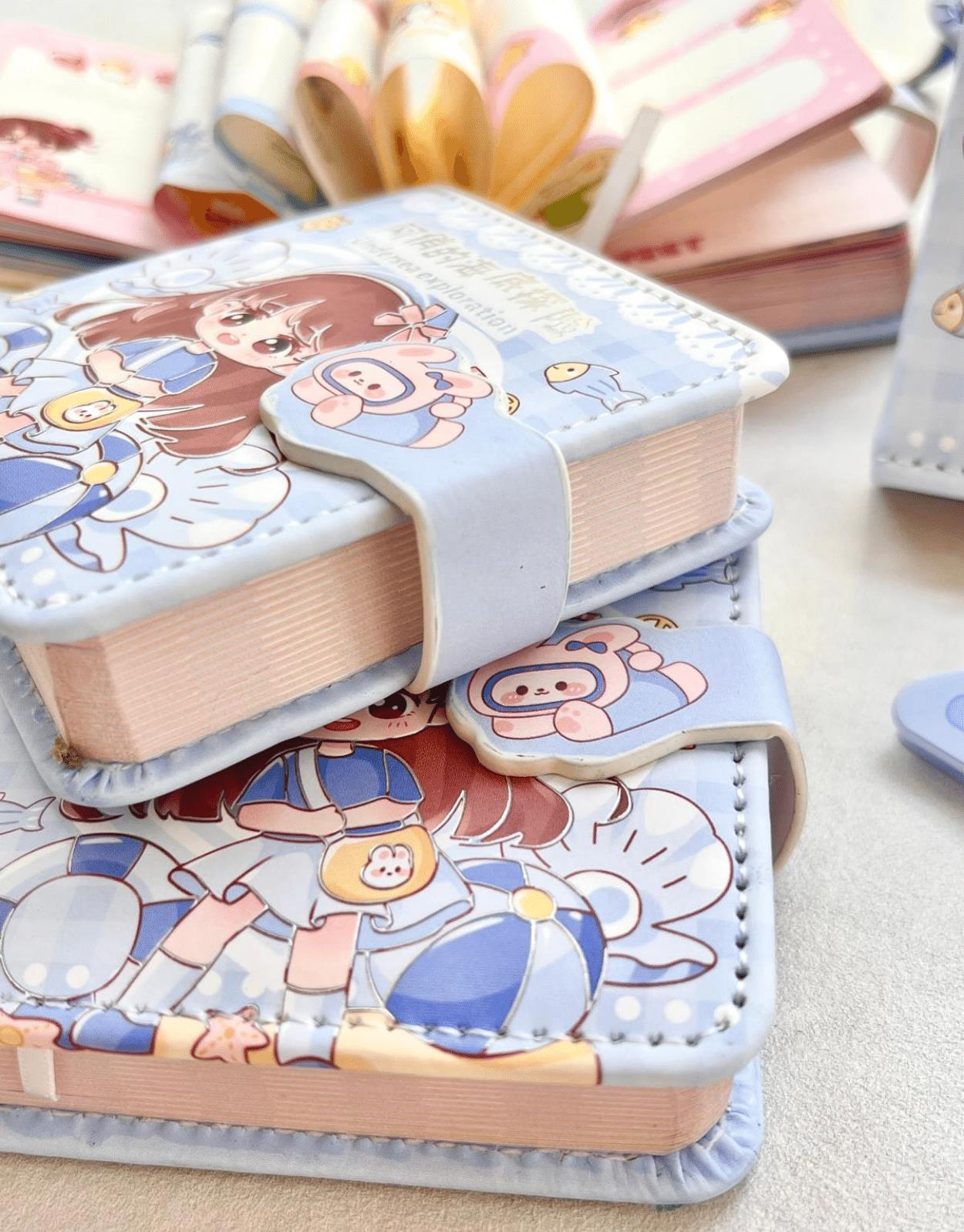 Kawaii Sevimli Kız Denizaltı Keşfi Mavi Renkli Desenli 256 Sayfa Mini Defter / Mıknatıslı Ajanda