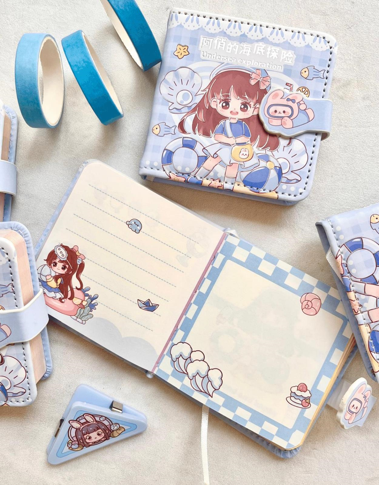 Kawaii Sevimli Kız Denizaltı Keşfi Mavi Renkli Desenli 256 Sayfa Mini Defter / Mıknatıslı Ajanda