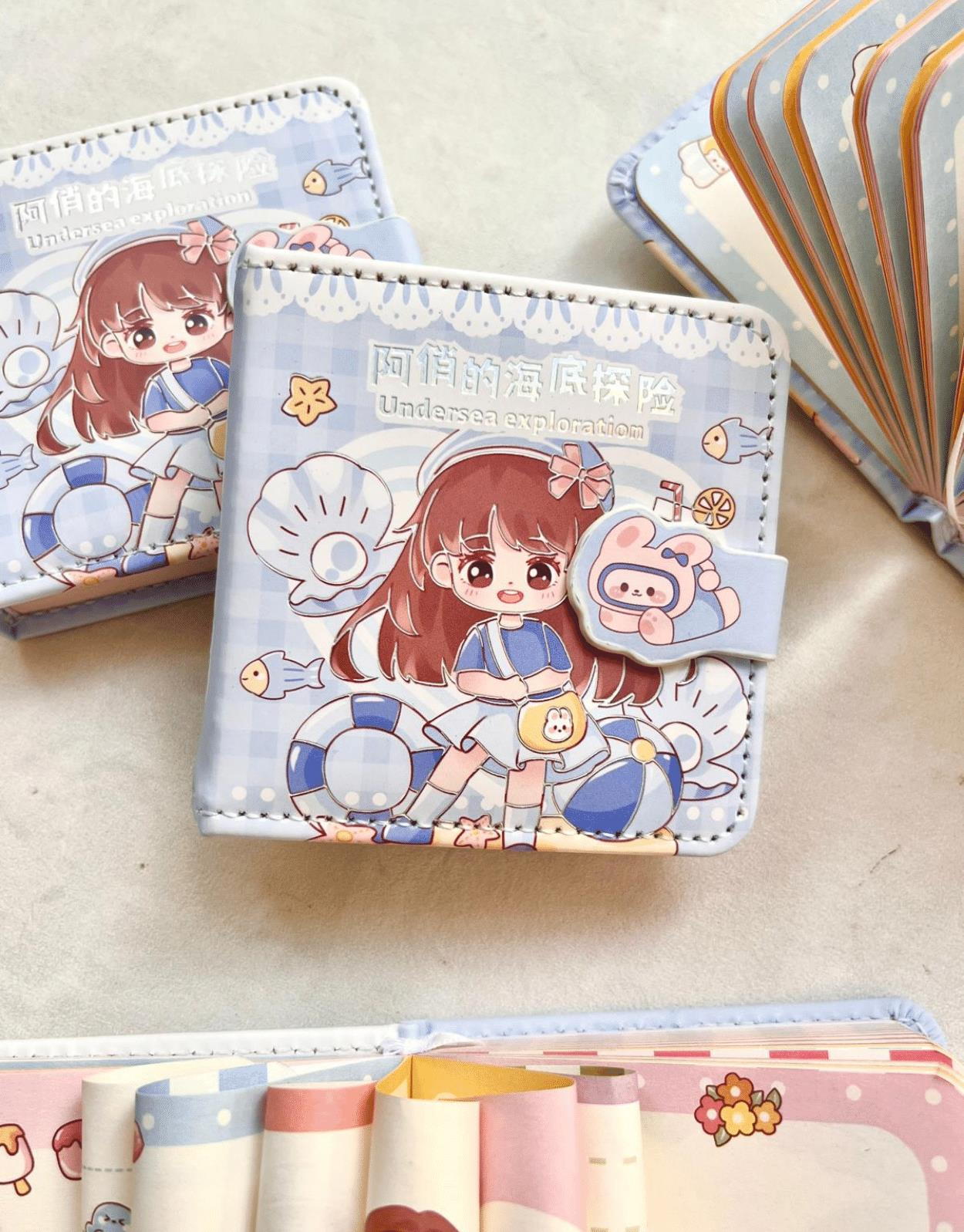 Kawaii Sevimli Kız Denizaltı Keşfi Mavi Renkli Desenli 256 Sayfa Mini Defter / Mıknatıslı Ajanda