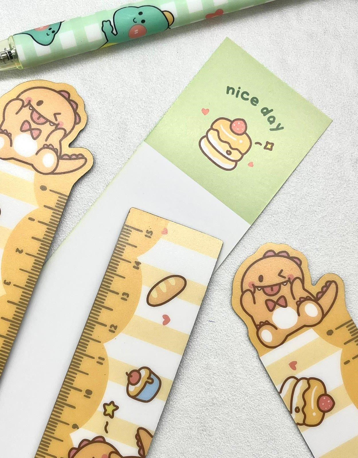 Kawaii Turuncu Dinozor Desenli Mıknatıslı Kitap Ayracı ve Cetvel / Yer İmi