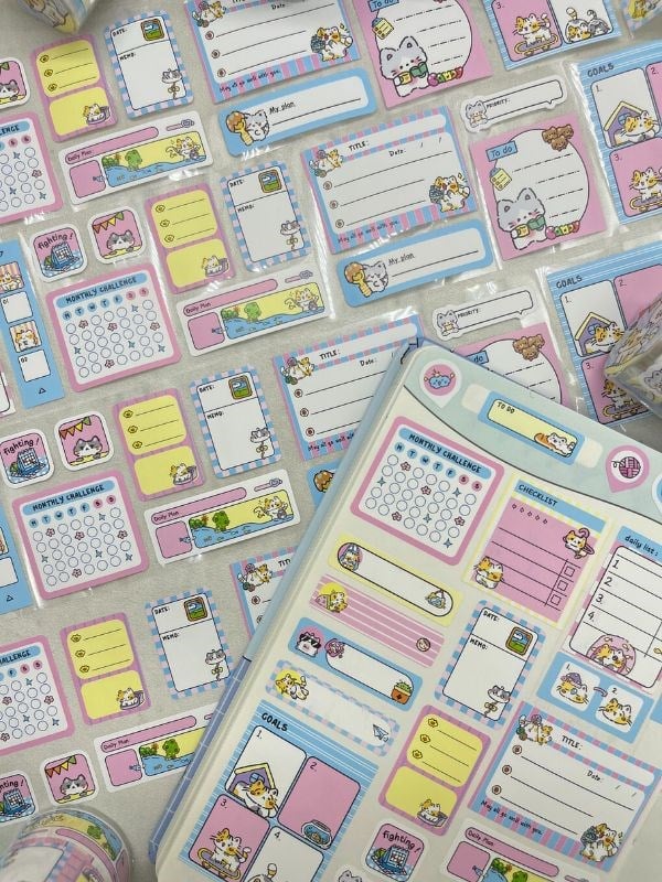 Kedi Temalı Tek Tek Çıkartmalı Haftalık-Aylık Planlayıcı Motivasyon Stickerı Washi Bant/Etiket/Bullet Journal
