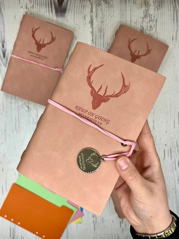 Keep On Going Binderli Deri Kapak Depolama Dosyalı Pembe Renk Özel Tasarım Ajanda/Notebook/Klasörlü Defter