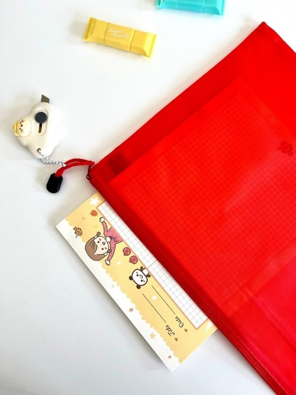 Kırmızı Yarı Şeffaf Büyük Boy Çift Bölme Fermuarlı Organizer Dosya Çantası (38*26,5cm)/Toparlayıcı
