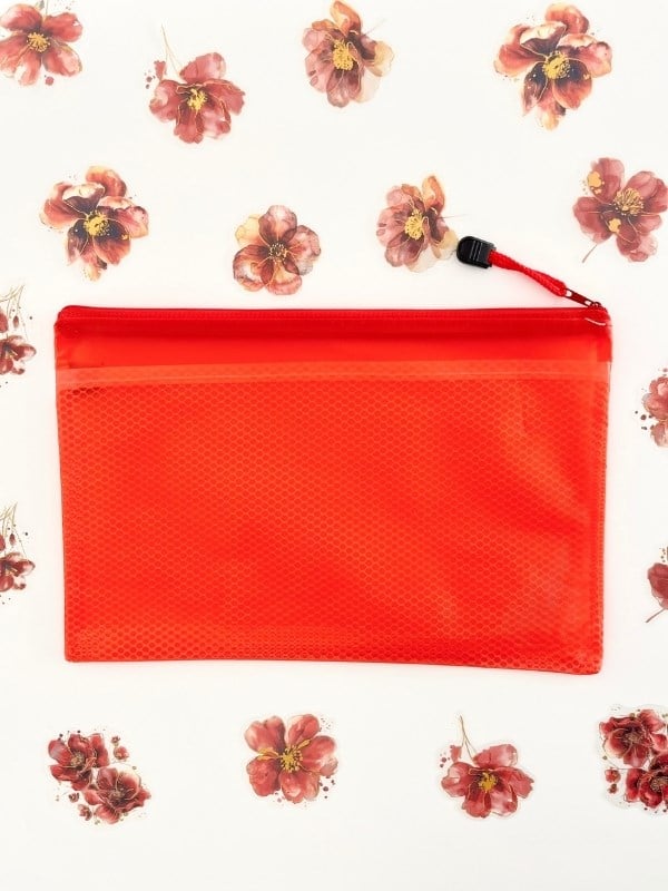 Kırmızı Yarı Şeffaf Orta Boy Çift Bölme Fermuarlı Organizer Dosya Çantası (29*19cm)/Toparlayıcı
