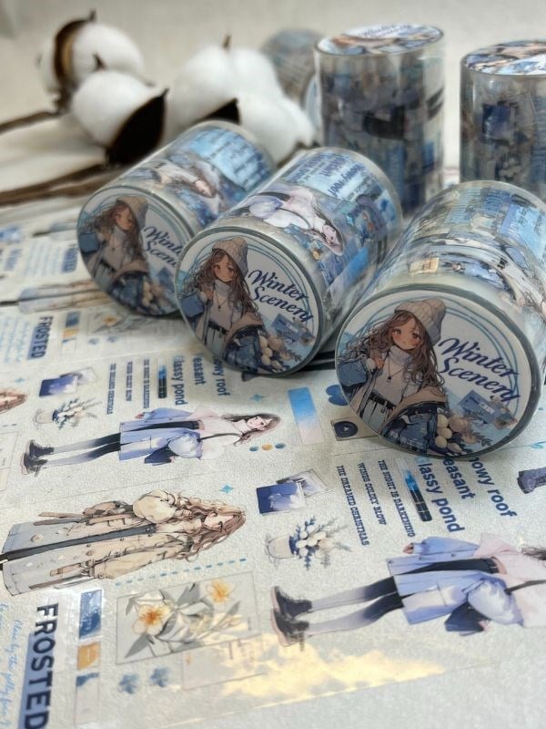 Kış ve Genç Kız Temalı Mavi Renk Washi Bant/ Washi Tape/ Sticker/ Bullet Journal
