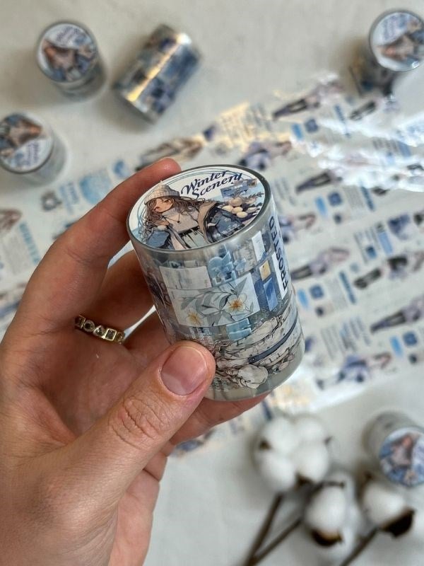 Kış ve Genç Kız Temalı Mavi Renk Washi Bant/ Washi Tape/ Sticker/ Bullet Journal