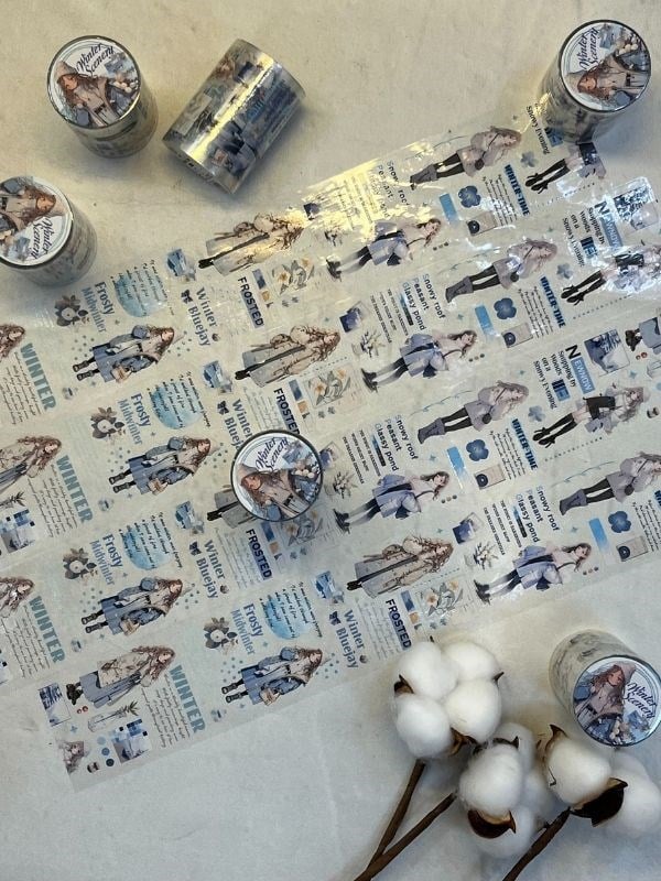 Kış ve Genç Kız Temalı Mavi Renk Washi Bant/ Washi Tape/ Sticker/ Bullet Journal