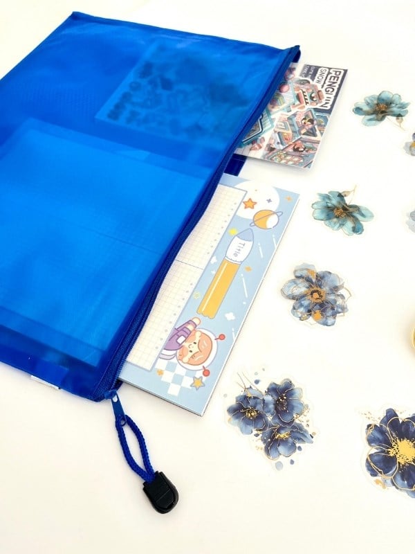 Koyu Mavi Yarı Şeffaf Büyük Boy Çift Bölme Fermuarlı Organizer Dosya Çantası (38*26,5cm)/Toparlayıcı