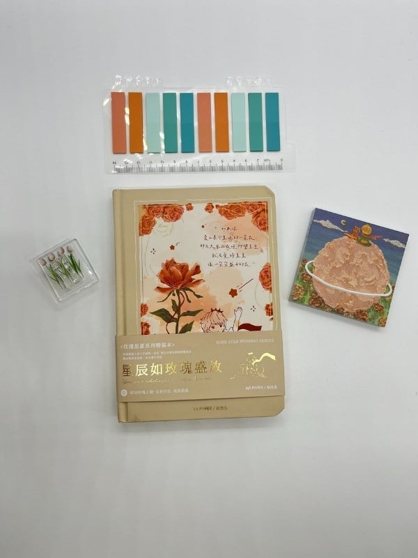 Küçük Prens Temalı Journal Seti Krem Renk Defter/Postit/Turkuaz İndeks/ Beyaz Lale Klips