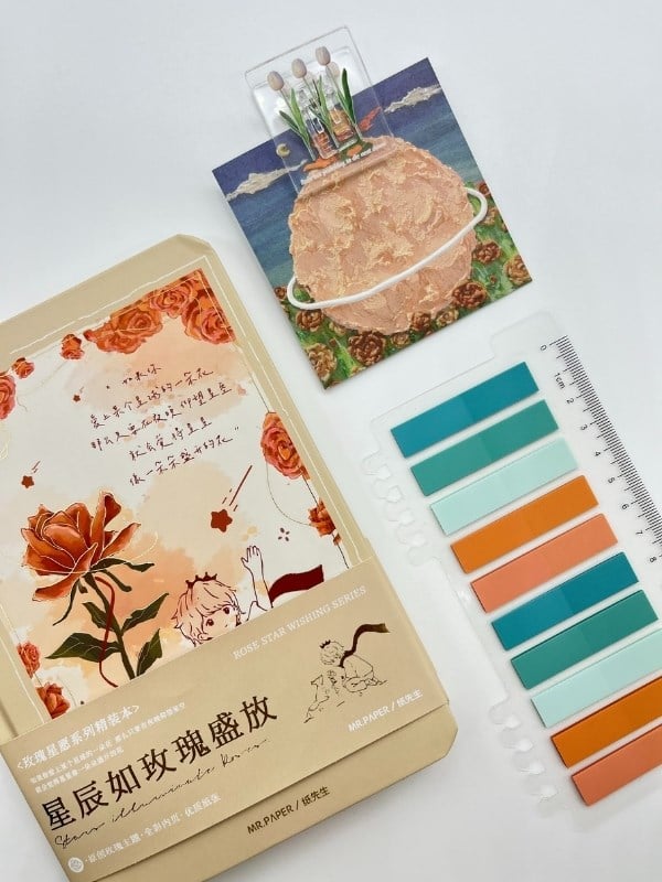 Küçük Prens Temalı Journal Seti Krem Renk Defter/Postit/Turkuaz İndeks/ Beyaz Lale Klips