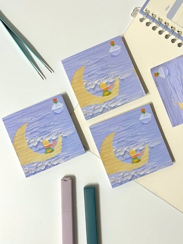 Küçük Prens Temalı Sarı Ay ve Bulut Desenli Postit/Post-it/Yapışkanlı Not Kağıdı/Sticky Note